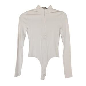 Talentless Ecru Cotton/Modal Rib Zip Front Long Sleeve Bodysuit Top